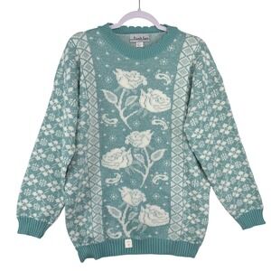 Vintage Private Eyes Teal Floral Rose Knit Sweater Metallic Lurex Crew Neck USA